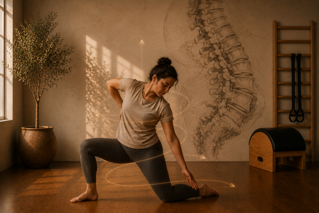 Mujer realizando un movimiento de rotación controlada en un estudio de entrenamiento mientras se representa la columna y las fuerzas en tres dimensiones.