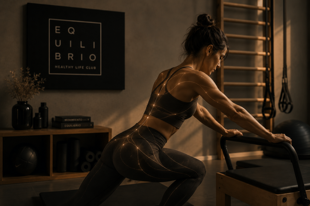 Mujer realizando un ejercicio de reorganización corporal en una sala de entrenamiento estilo Equilibrio Club con líneas visuales que representan compensación muscular y distribución de fuerzas.